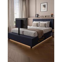 Xr Living Maisie Upholstered Side Lift Ottoman Double Tv Bed With Underbed Lighting - Fits Up To 55 Inch Tv - Navy